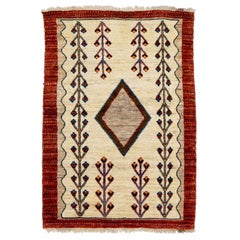 Modern Persian Gabbeh Wool Rug In Beige with Tribal Pattern