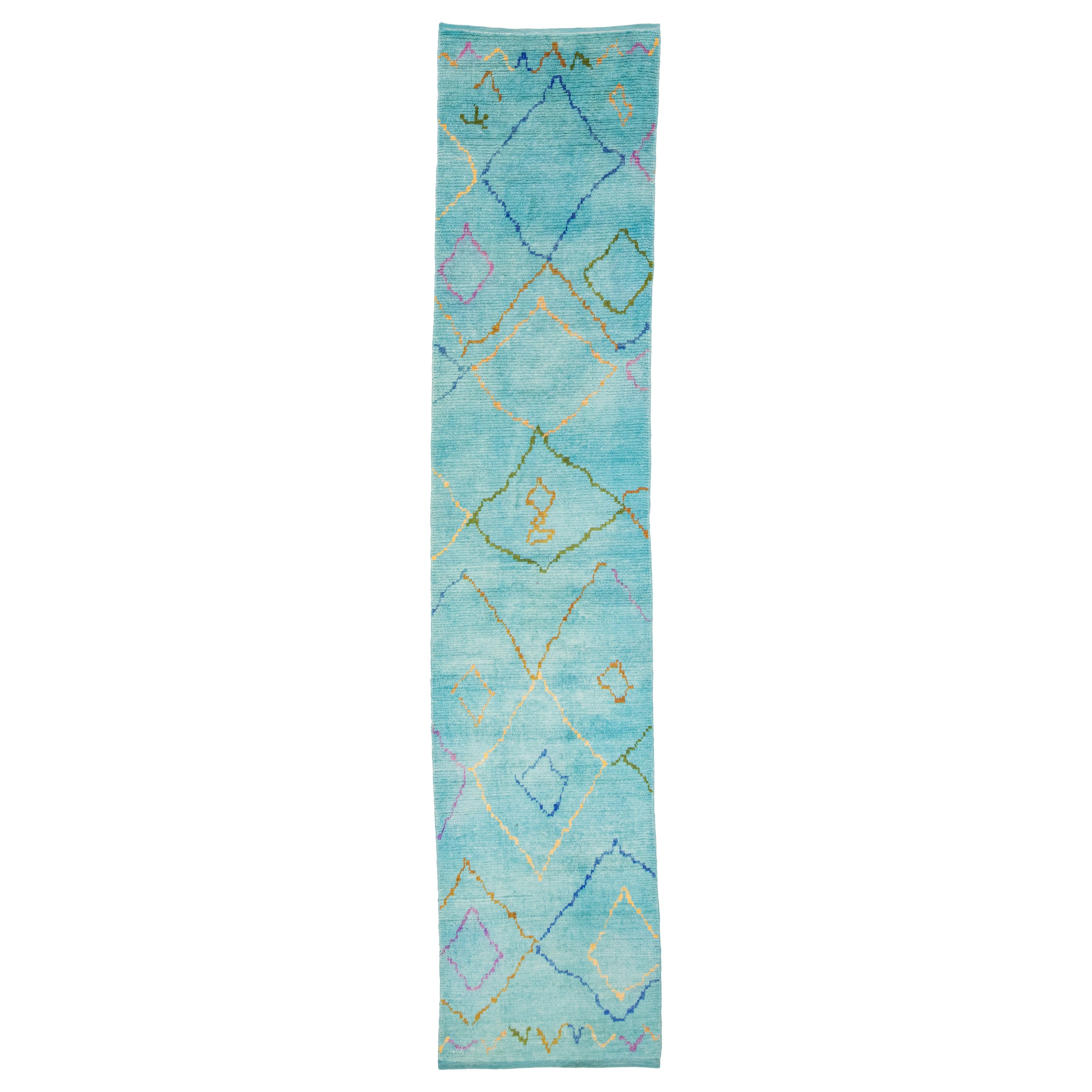 Modern Moroccan Style Handmade Teal Wool Runner with Tribal Design
