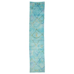 Modern Moroccan Style Handmade Teal Wool Runner with Tribal Design