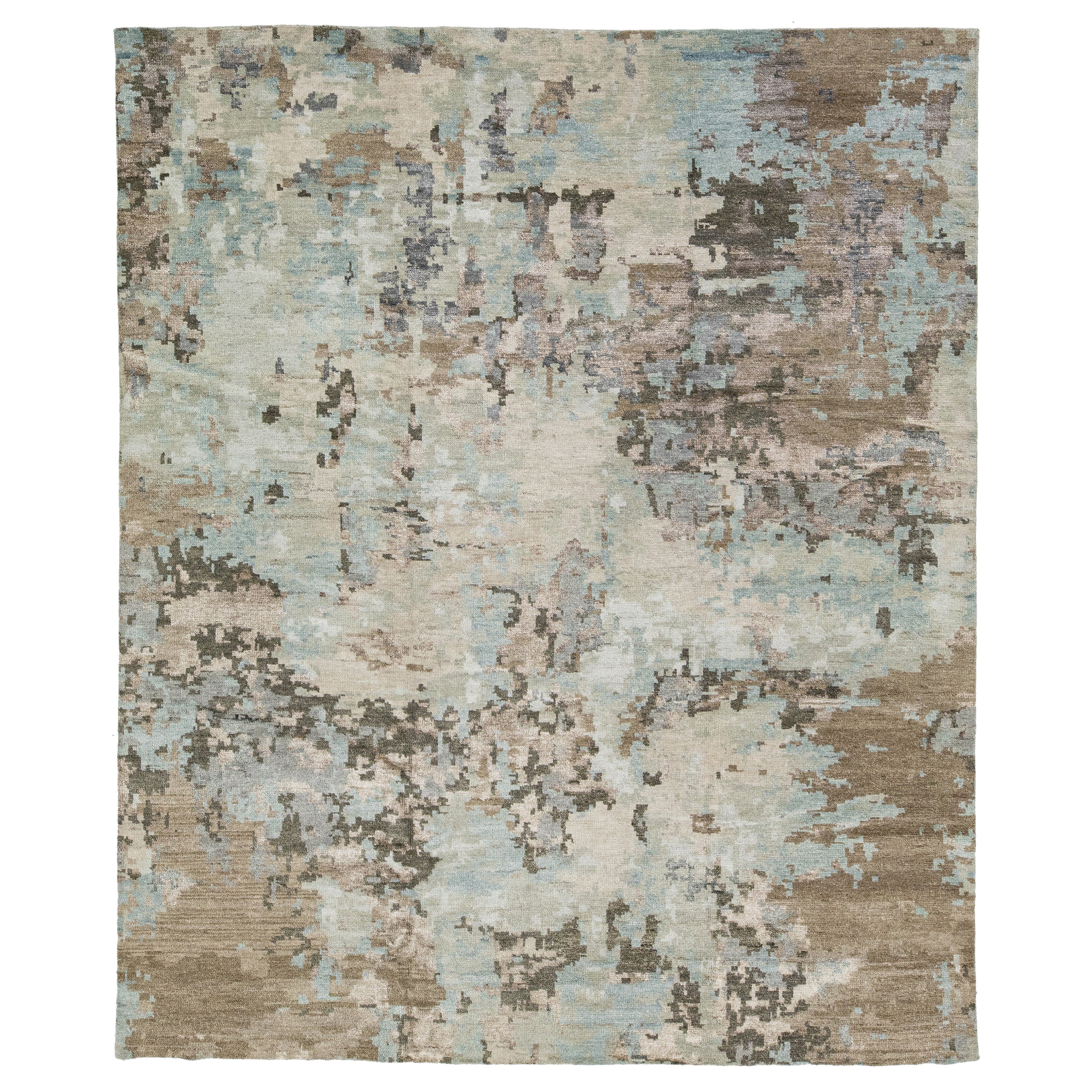 Modern Abstract Indian Handmade Wool and Silk Rug With Earthy Tones For Sale