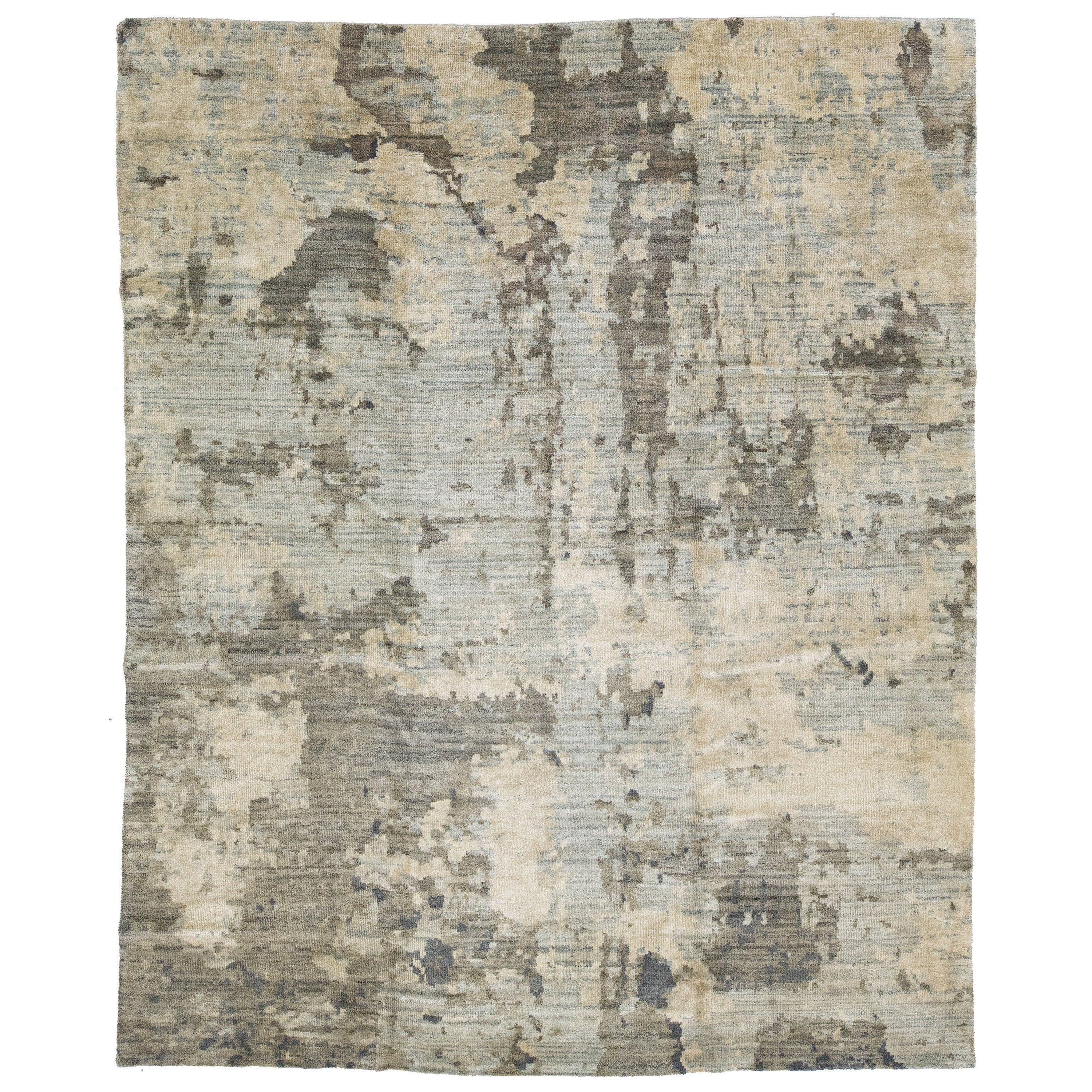 Gray Modern Indian Handmade Wool and Silk Rug With Abstract Pattern For Sale