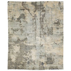 Gray Modern Indian Handmade Wool and Silk Rug With Abstract Pattern