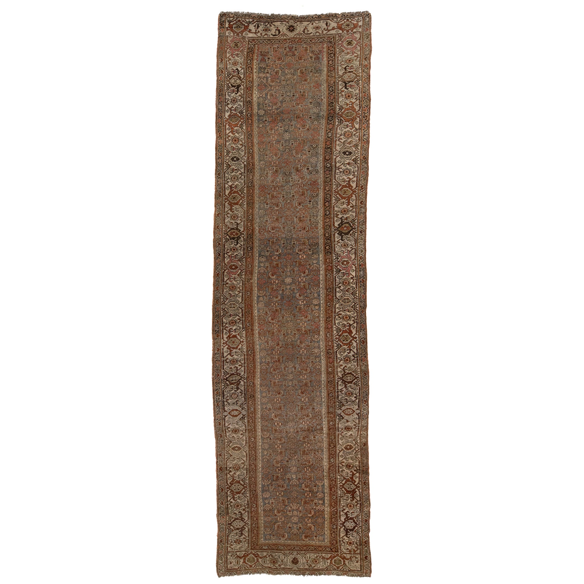 Antique Bidjar Handmade Floral Wool Runner In Gray and Rust Color from the 1890s For Sale