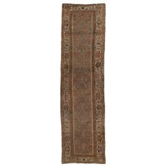 Antique Bidjar Handmade Floral Wool Runner In Gray and Rust Color from the 1890s
