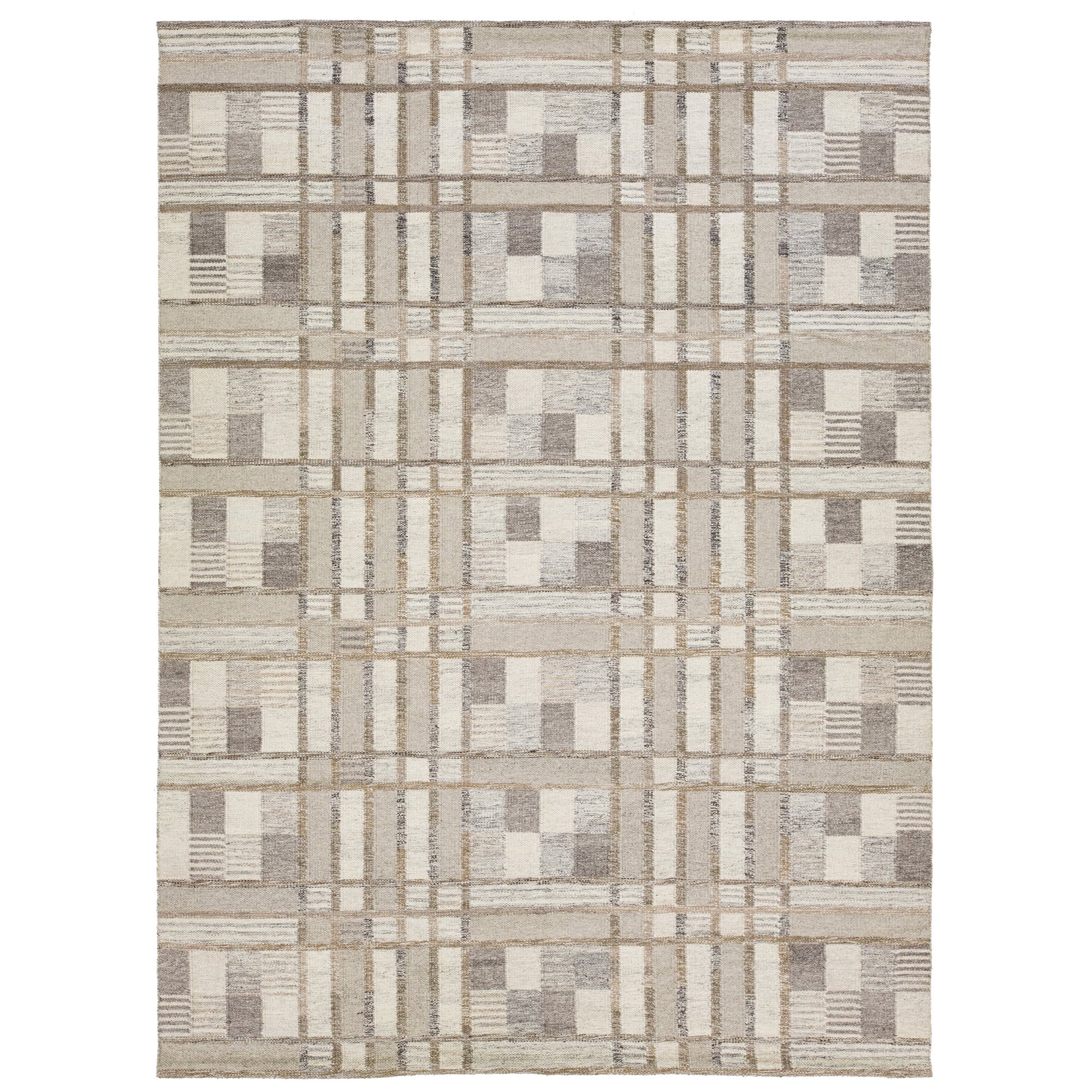 Modern Beige Swedish Style Wool Rug Handmade With Geometric Pattern