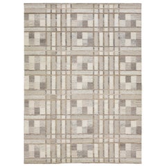 Modern Beige Swedish Style Wool Rug Handmade With Geometric Pattern