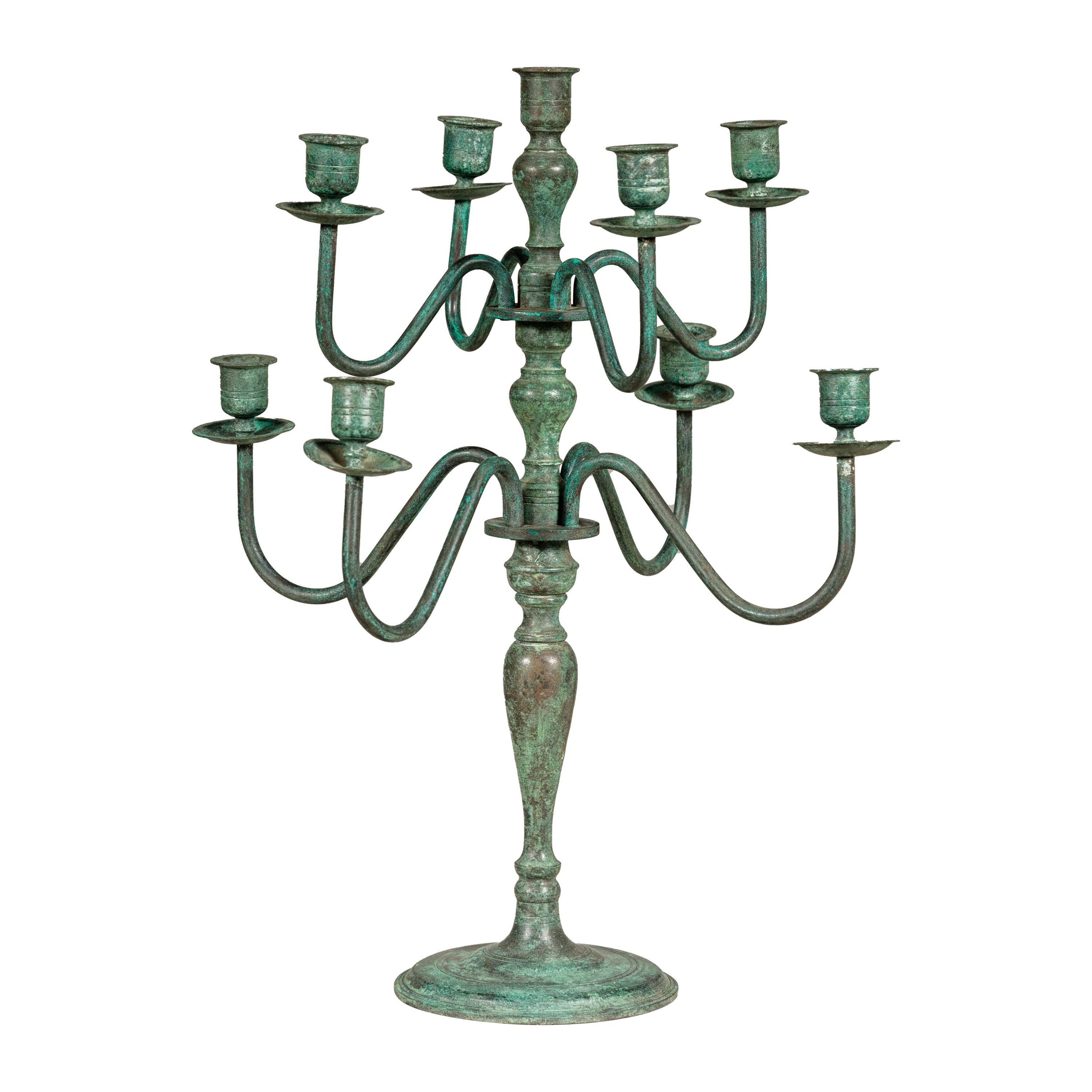 Japanese Vintage Two-Tiered Eight Arm Candelabra with Verdigris Patina For Sale