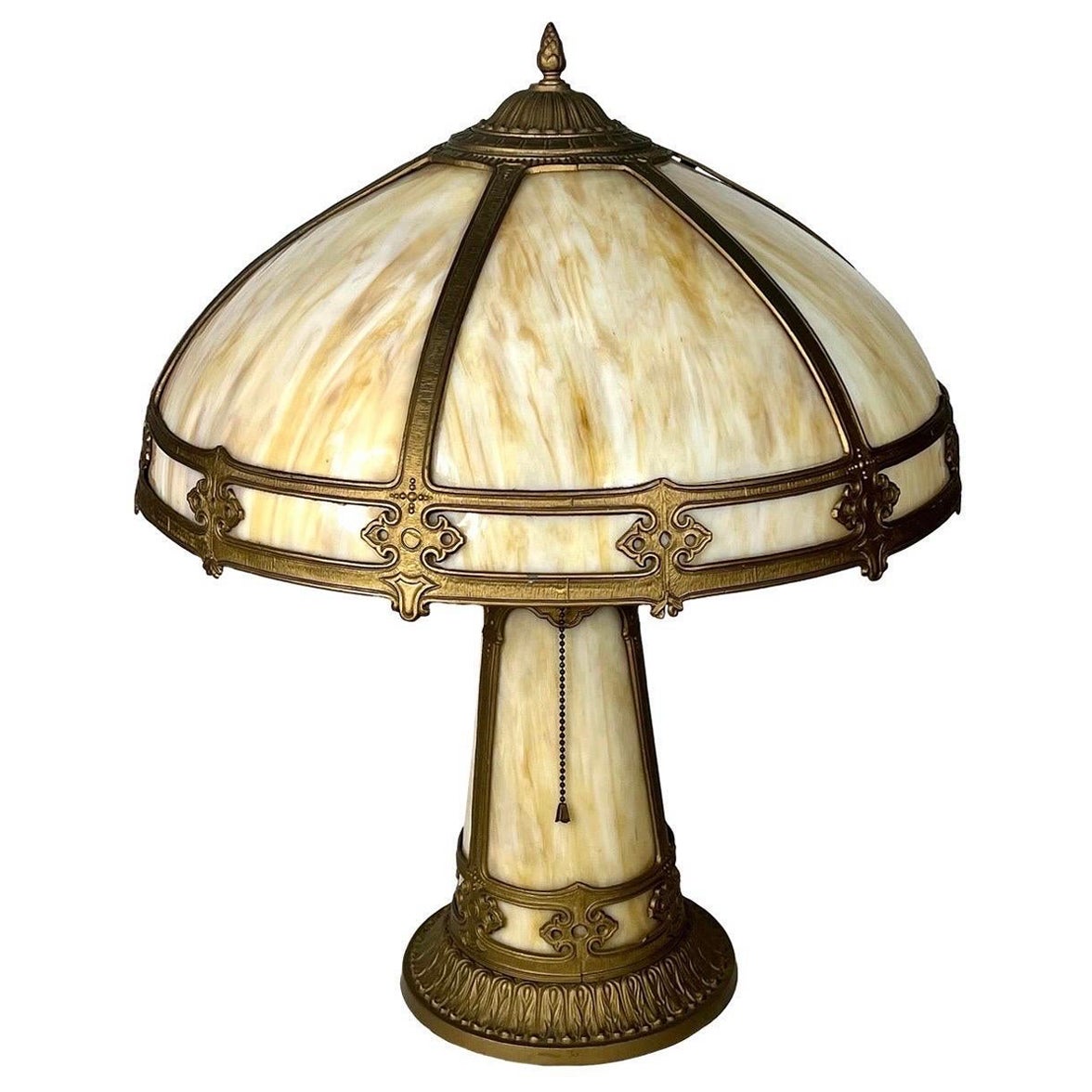Ancienne lampe Art Nouveau à double douille en verre de scorie avec base enluminée