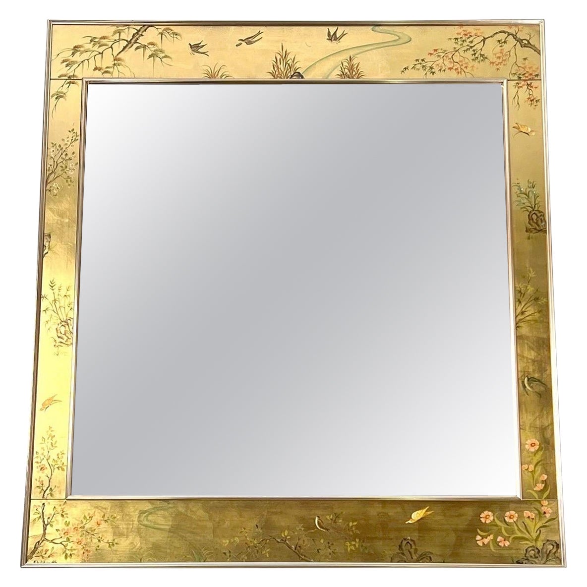 Vintage LaBarge Gold Chinoiserie Handpainted & Signed Mirror For Sale