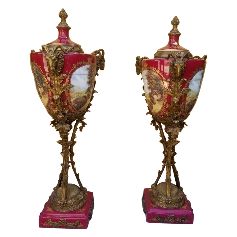 Antique French Ornate Rams Head Painted Sèvres Lidded Urn Vases - Pair For Sale