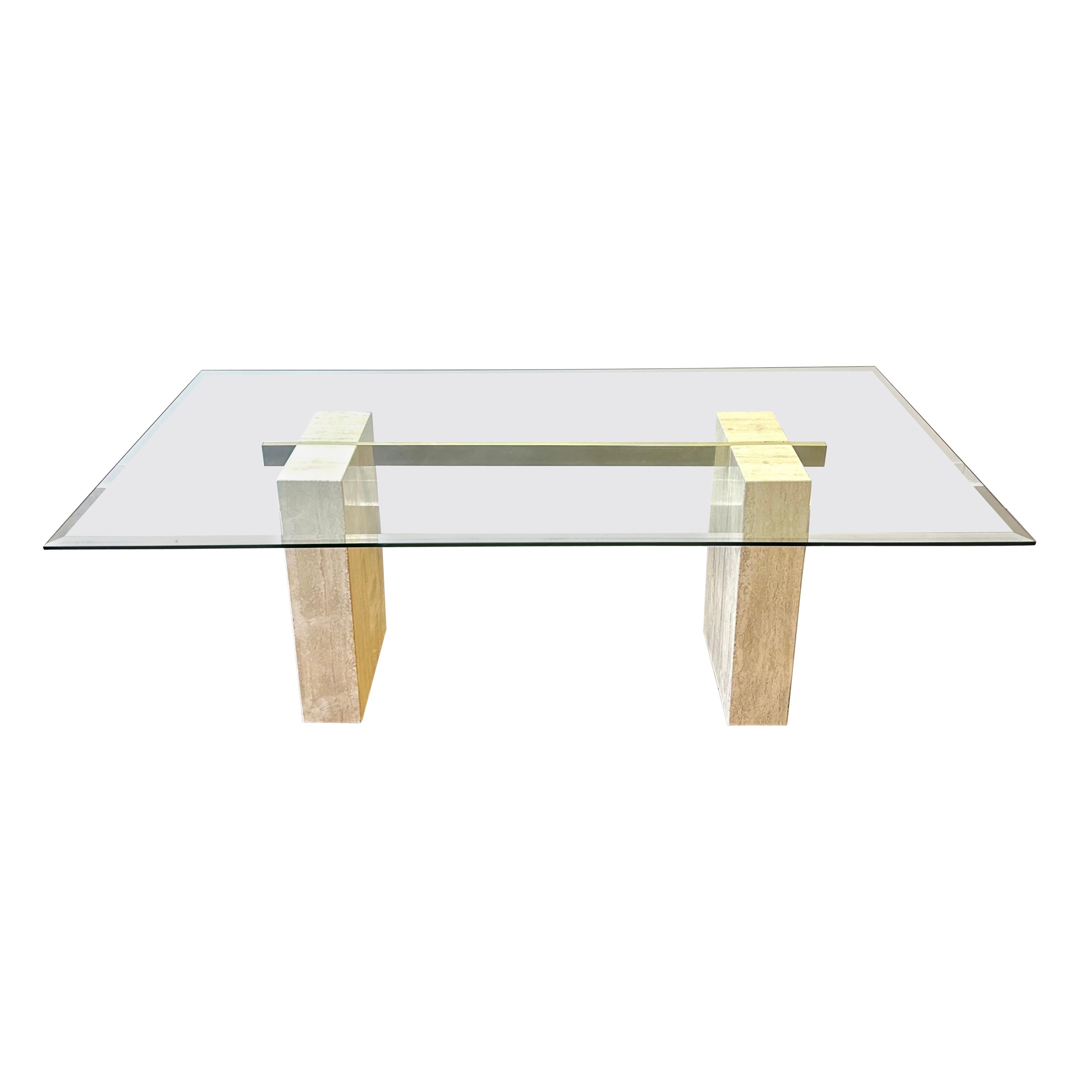 1970s Guy Barker for Ello Travertine Dining Table with Glass Top For Sale