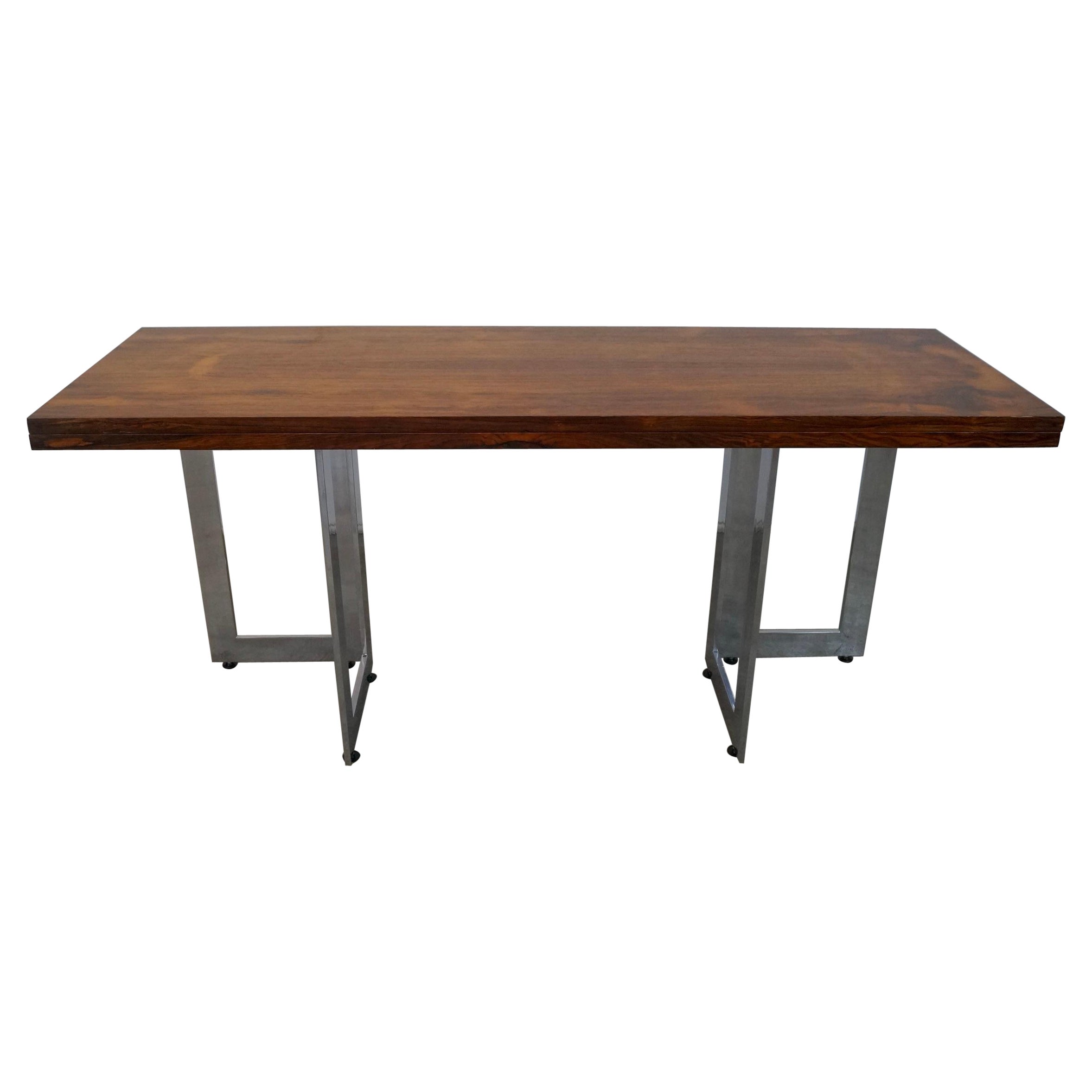 1970's Danish Modern Rosewood & Chrome Folding Dining Table / Console Table For Sale