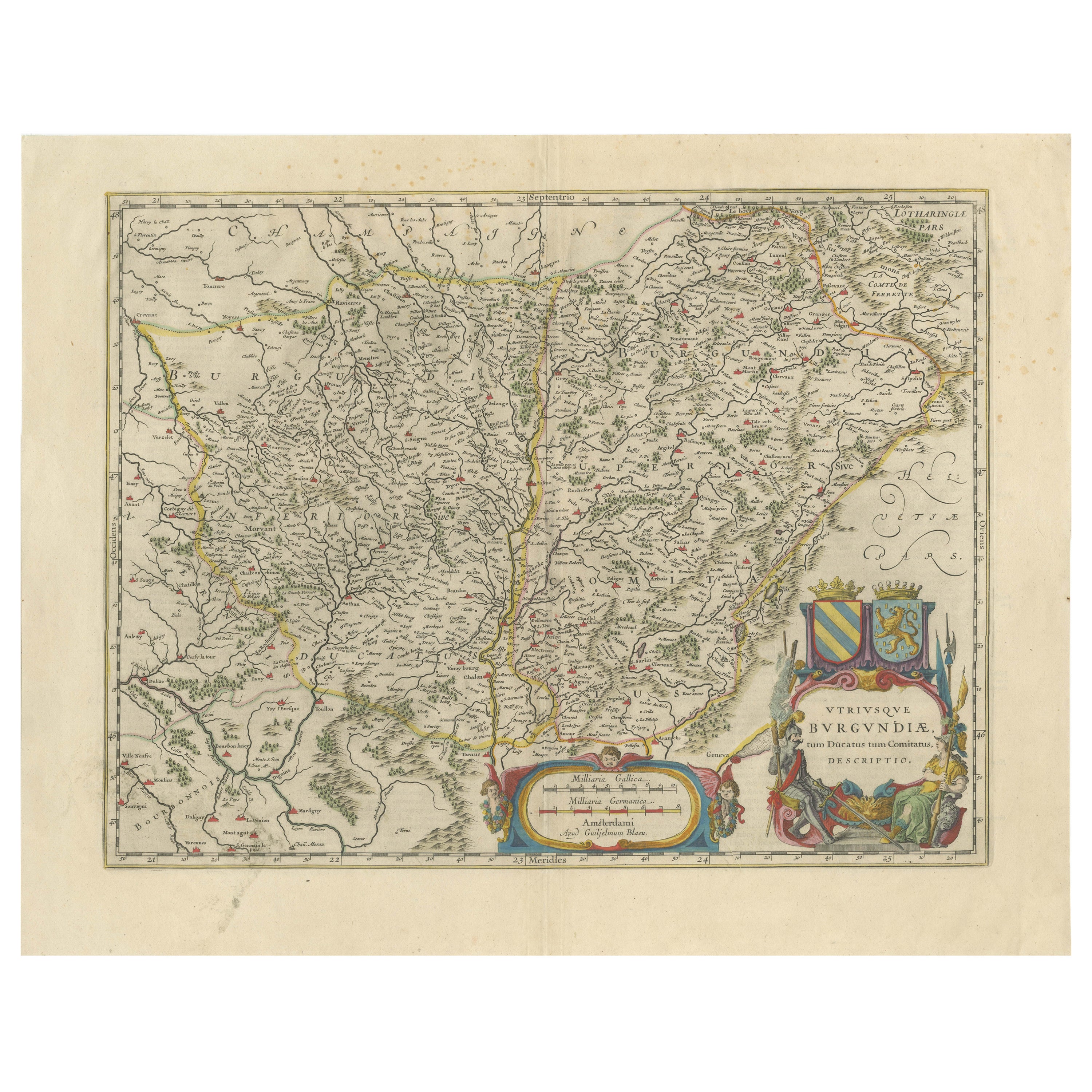 Burgunds lebenskulturelle Landschaft: Ein Kartographischer Kupferstich von Willem Blaeu aus dem Jahr 1640 im Angebot