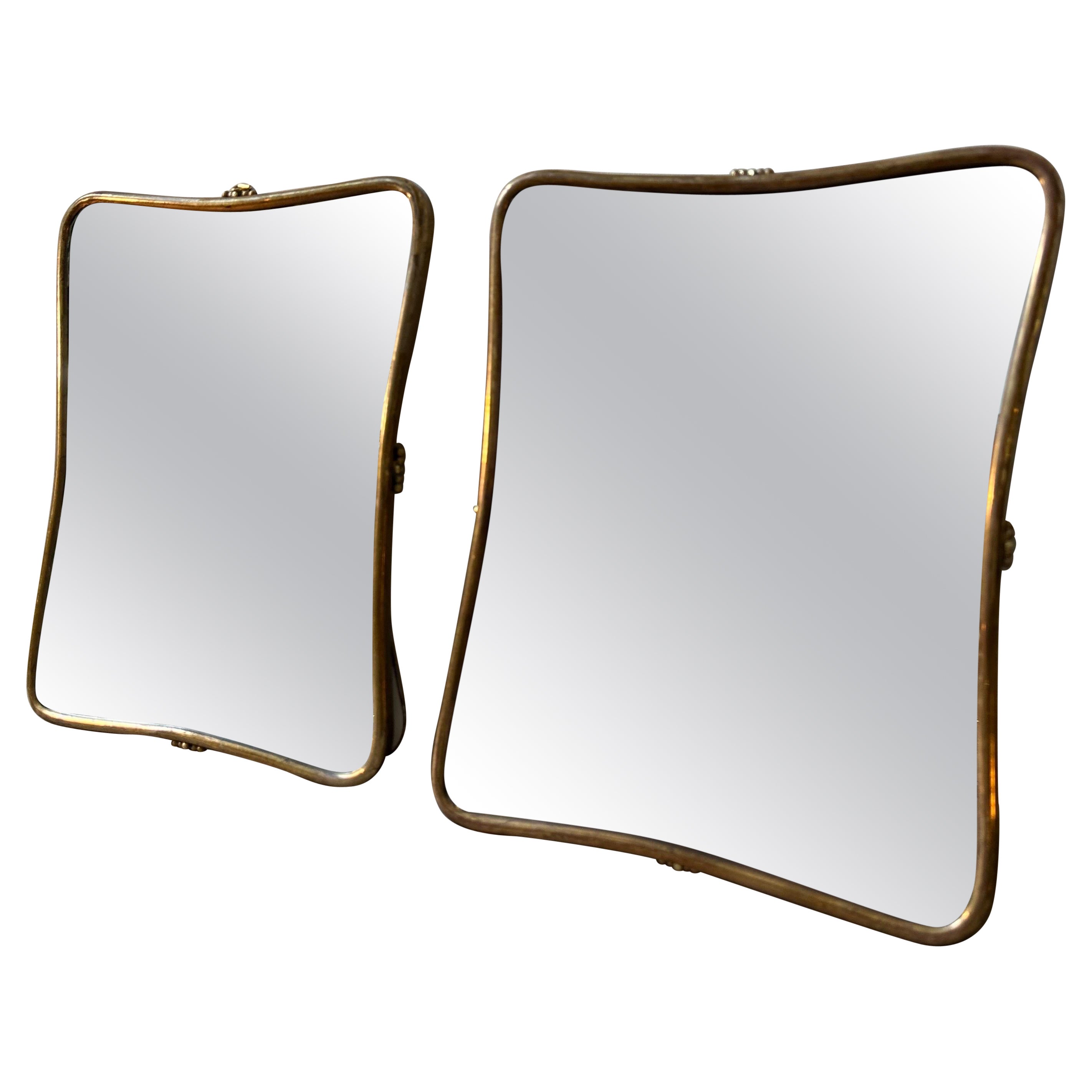 A pair of 1950s Gio Ponti Style Mid-Century Modern Brass Small Wall Mirrors For Sale