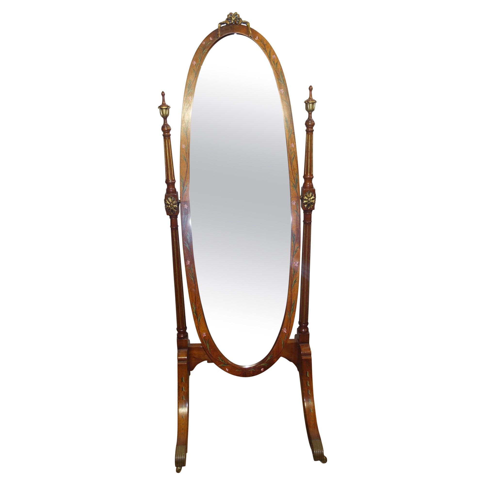 Sheraton Revival Cheval Mirror Painted Satinwood For Sale
