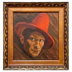 Vintage Art Deco Painting "Self-Portrait in Red Hat" by Roland Paris