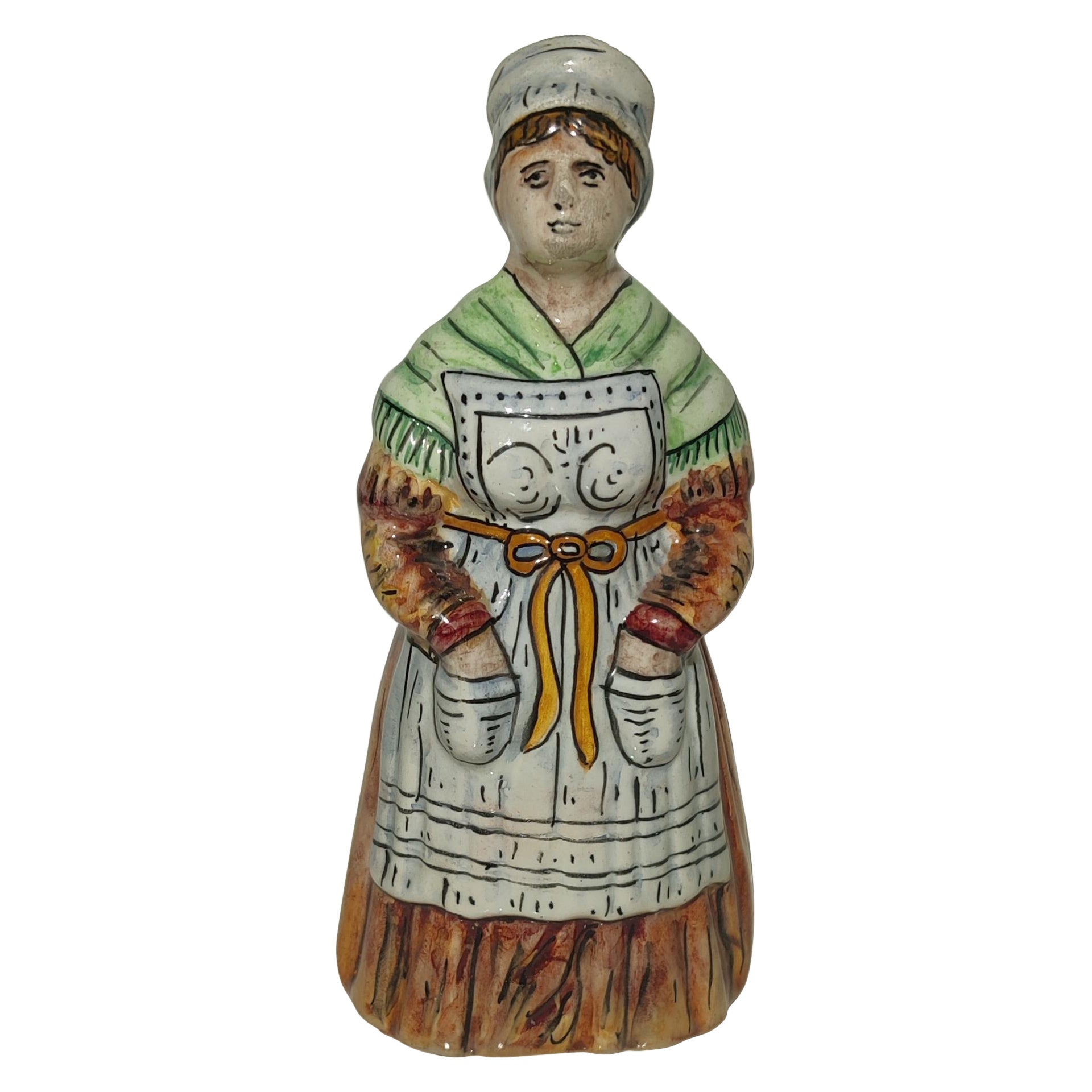 French Faience Majolica Dinner Bell Peasant Woman