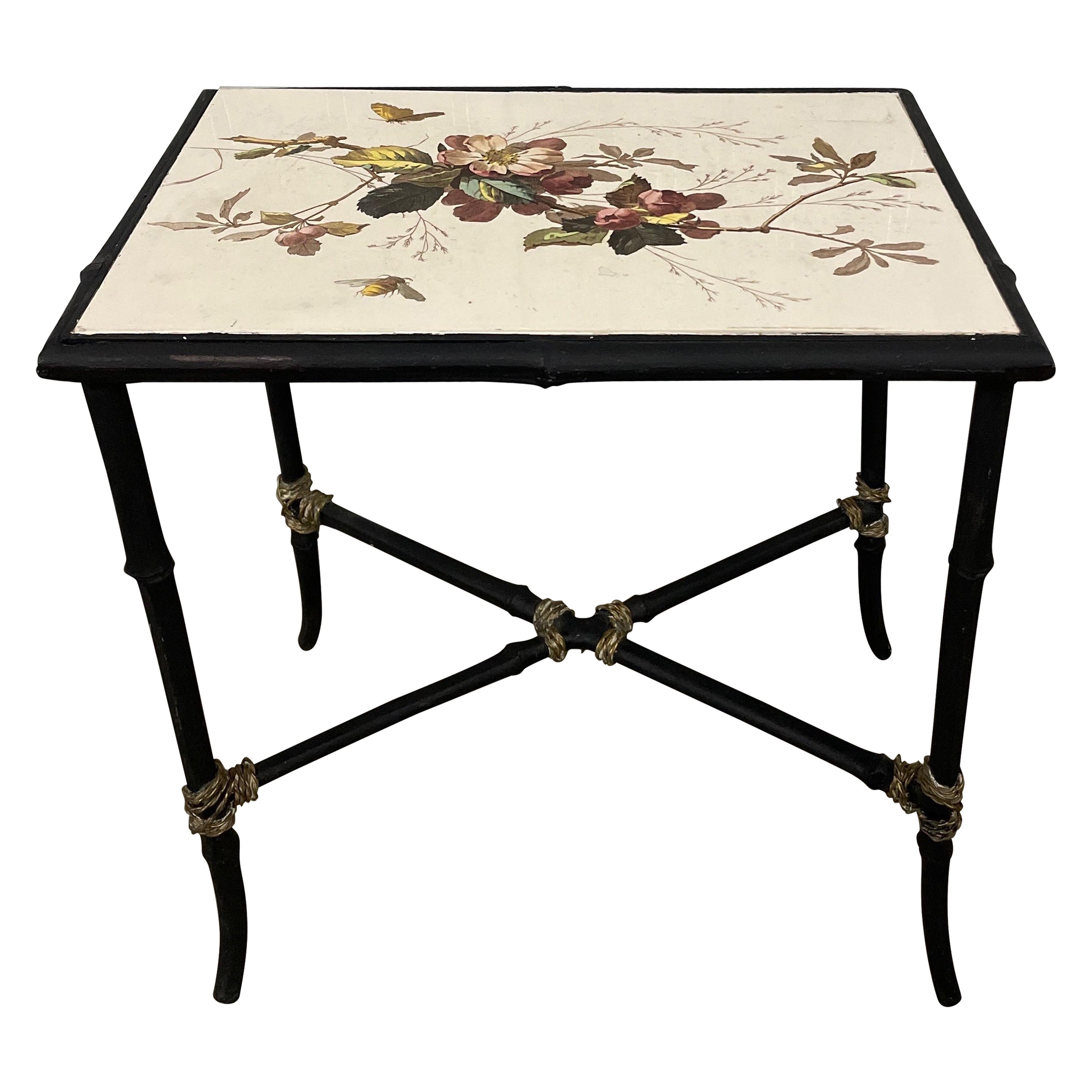 Faux Bamboo Side Table with Porcelain Tile Top For Sale