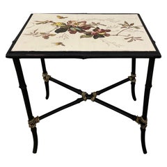 Table d'appoint faux bambou avec plateau en carreaux de porcelaine