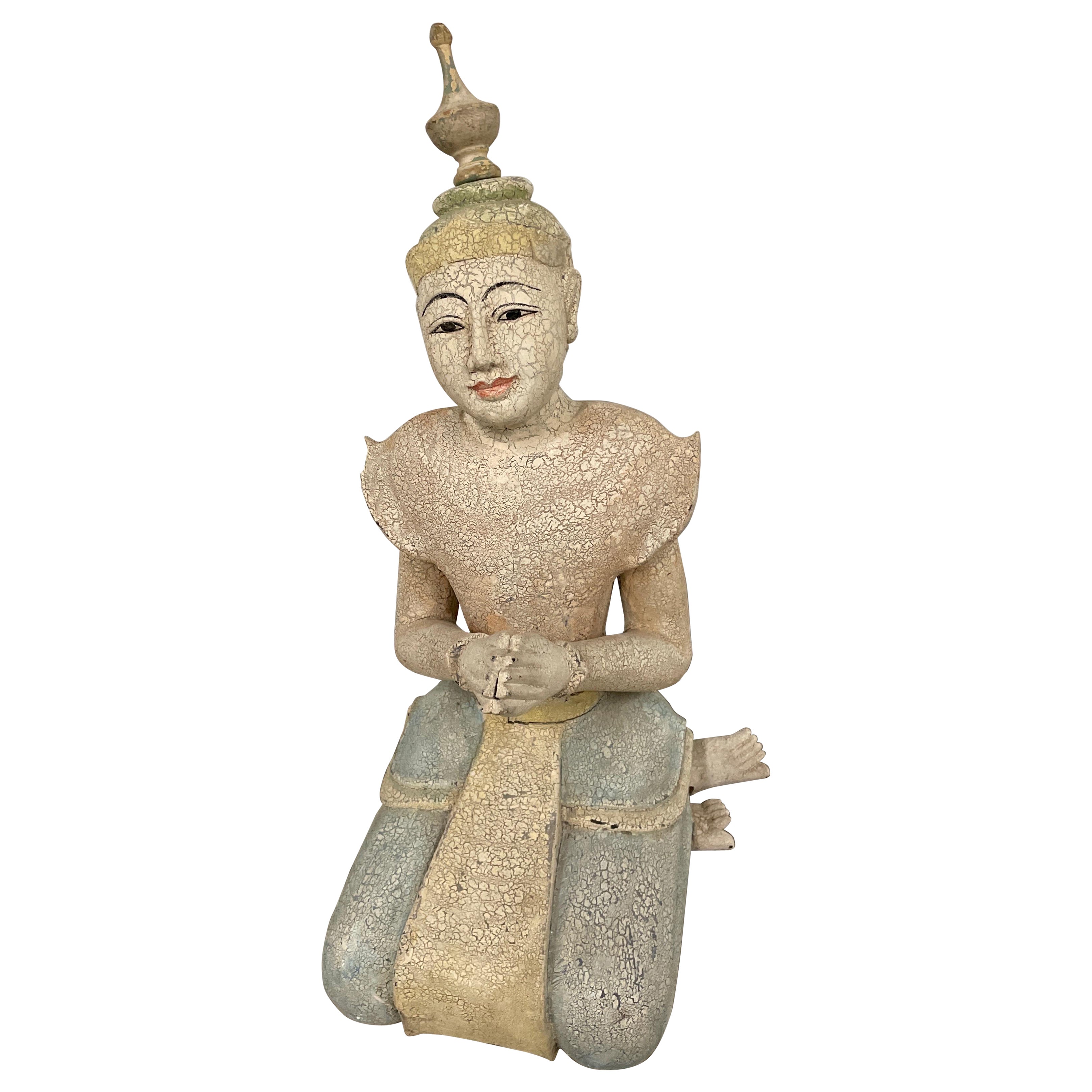 Vintage Carved & Painted Wood Seated Deity For Sale