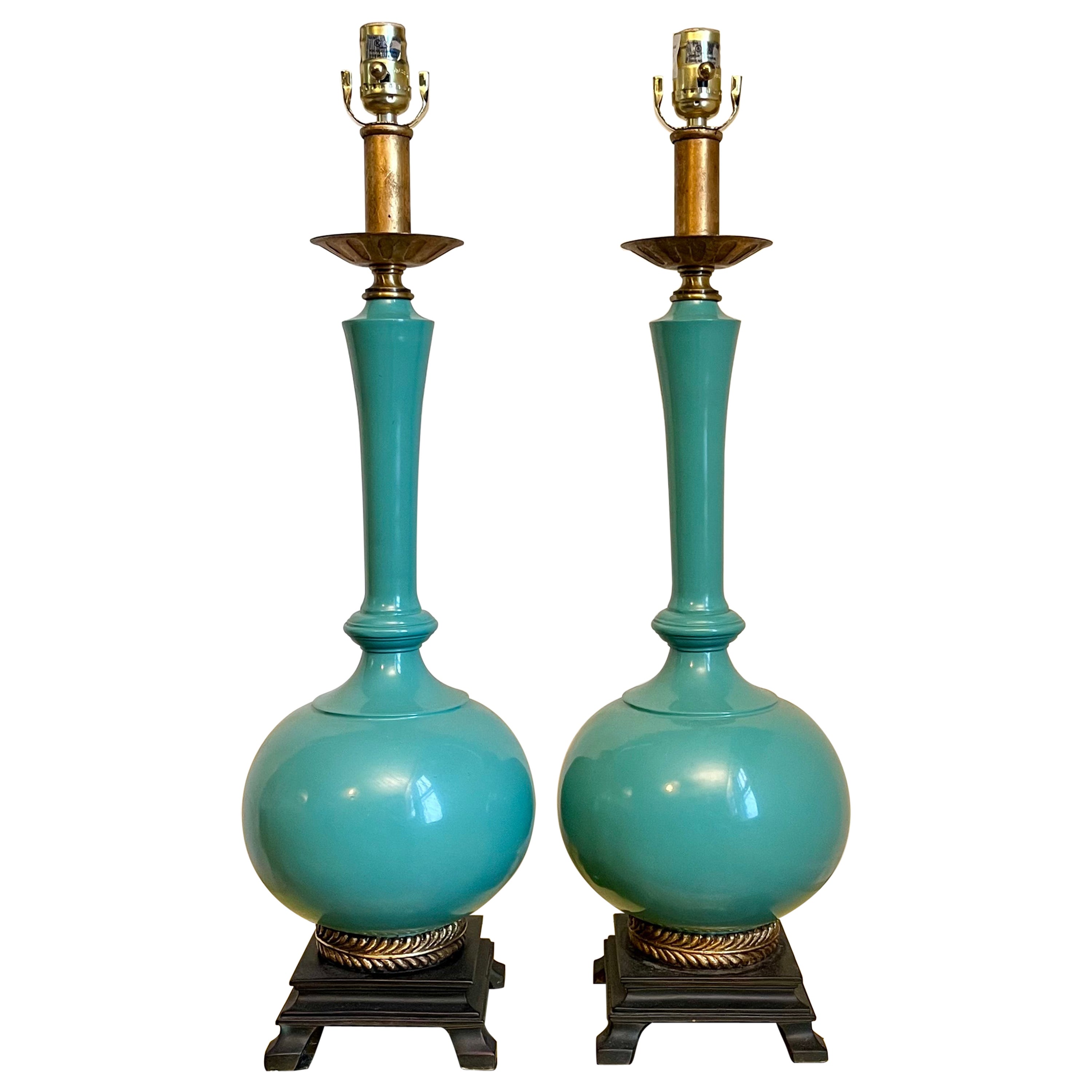 Türkis-Lampen im Hollywood-Regency-Stil, Mitte des Jahrhunderts im Angebot