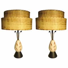 American Mid-Century Modern Pair of White and Pink Ceramic Table Lamps