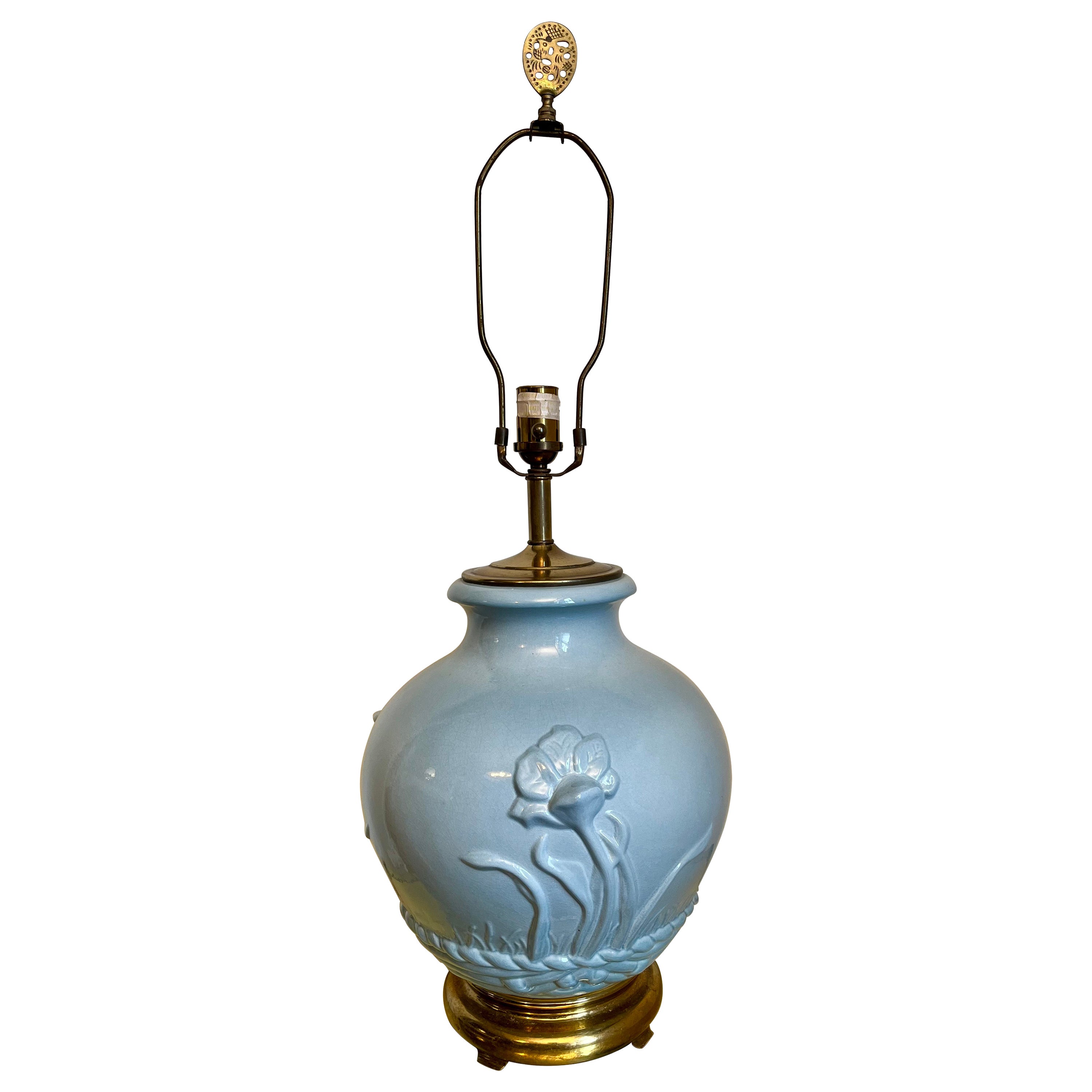 Vintage Glazed Ceramic Chinoiserie Lotus Lamp For Sale