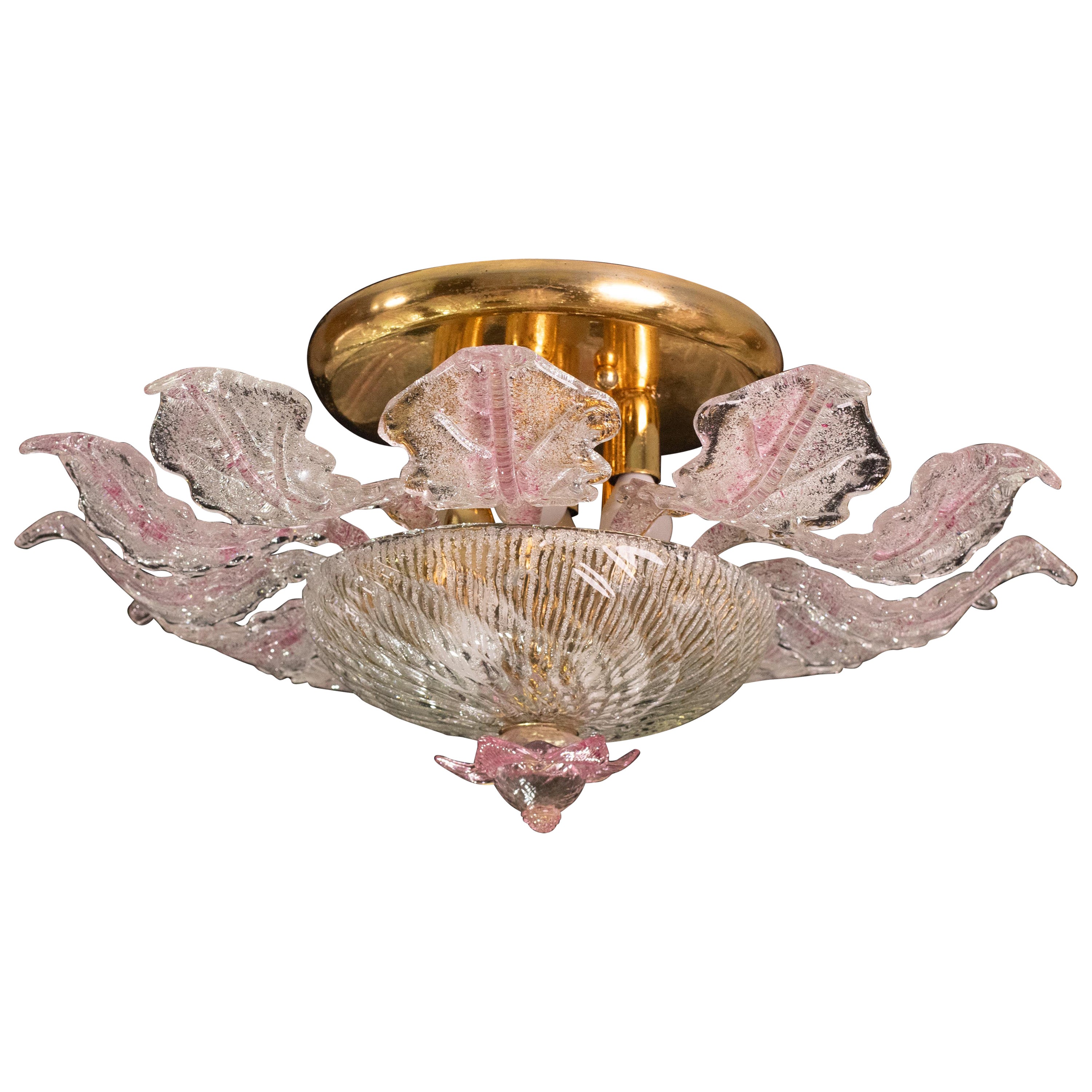 Lovely Pink Murano Glass Leave Ceiling Light or Chandelier, 1970s For Sale