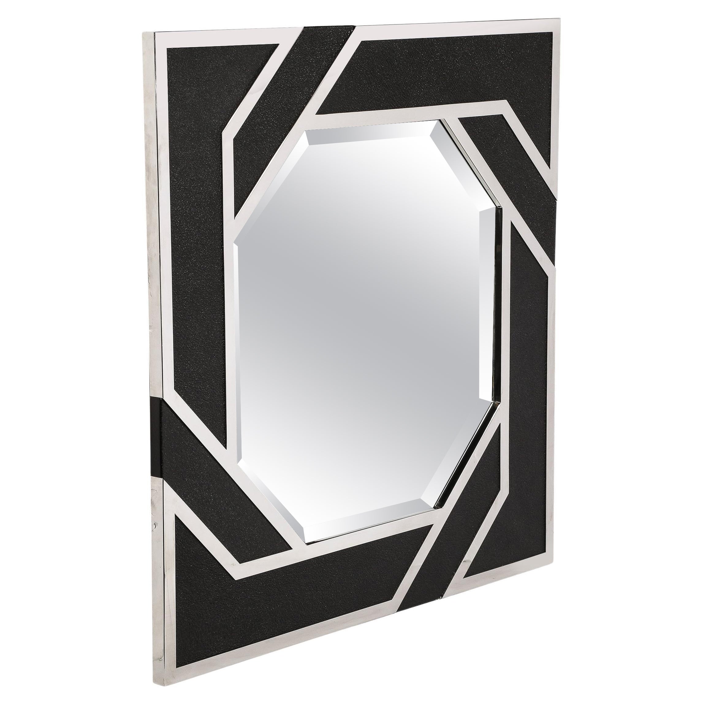 Modernist Embossed Leather & Chrome Spiral Form Geometric Mirror by Lorin Marsh For Sale