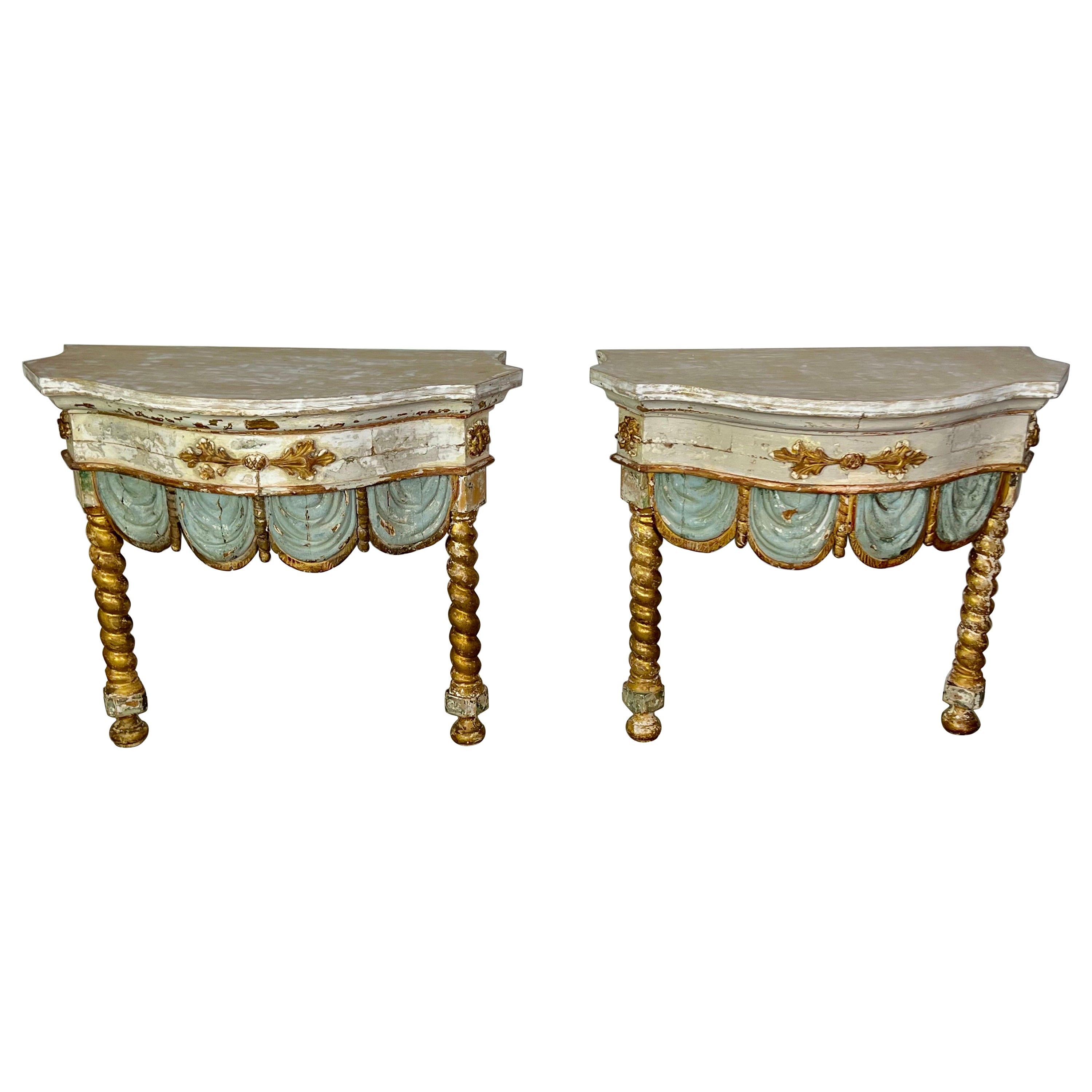Pair of 19th century Italian Painted and Parcel Gilt Consoles For Sale