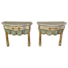 Antique Pair of 19th century Italian Painted and Parcel Gilt Consoles