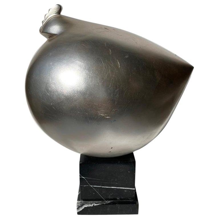 Claude Dalle for Romeo Collection , Chicken/Hen silvered sculpture marble base. For Sale