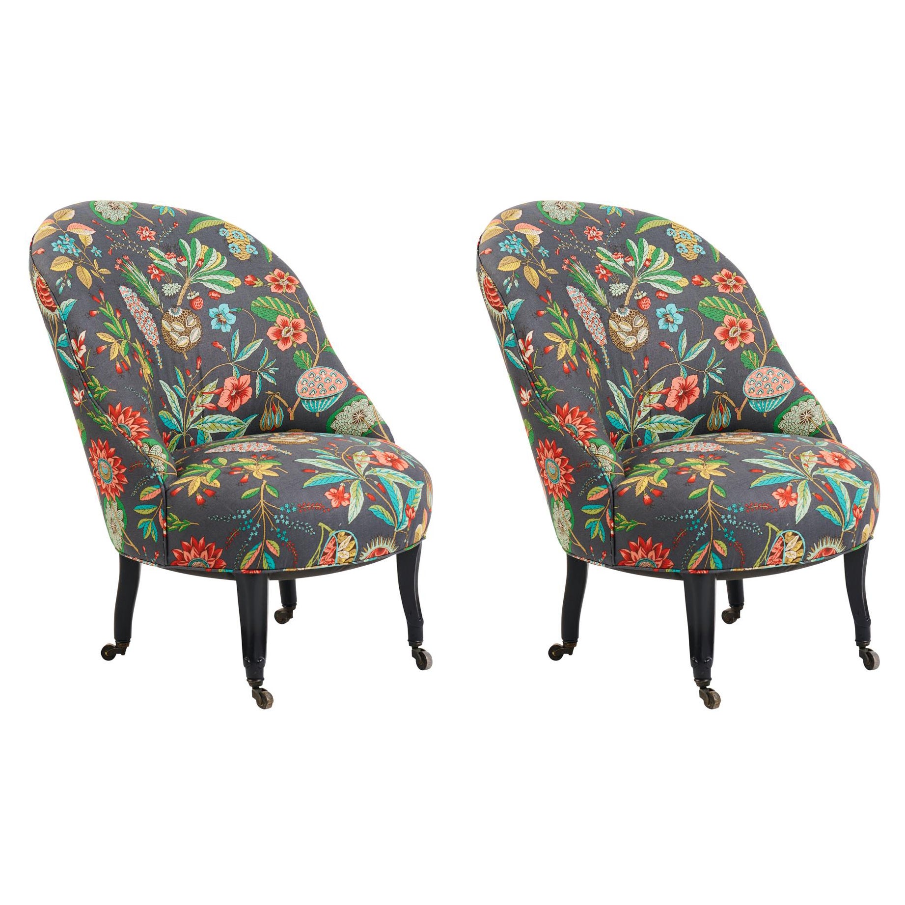 Pair of Napoleon III Slipper Chairs, 1830s, France, Newly Reupholstered Fabric For Sale