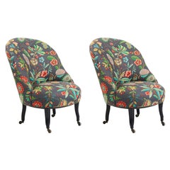 Antique Pair of Napoleon III Slipper Chairs, 1830s, France, Newly Reupholstered Fabric