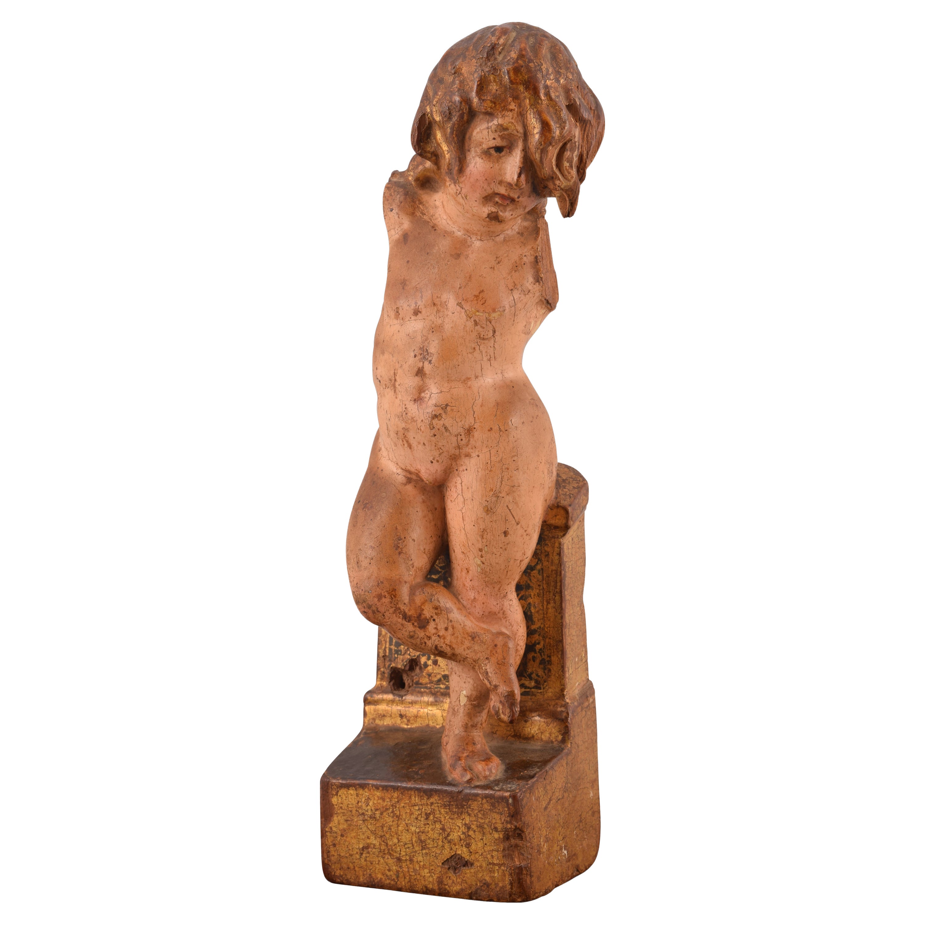Baby Jesus or angel. Carved, polychrome and gilded wood. Spanish school, 16th c. For Sale
