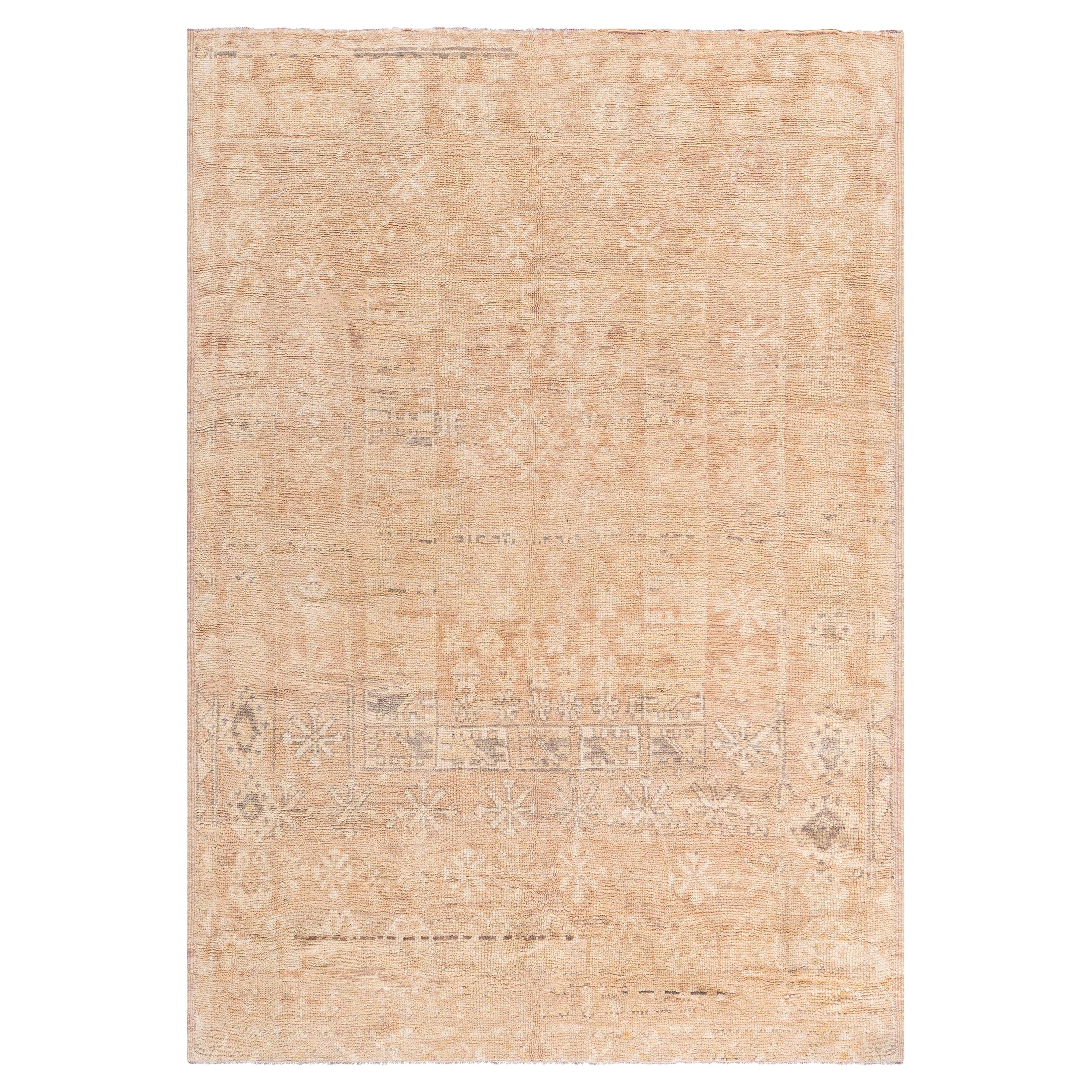 Midcentury Turkish Oushak Beige Handmade Wool Rug For Sale