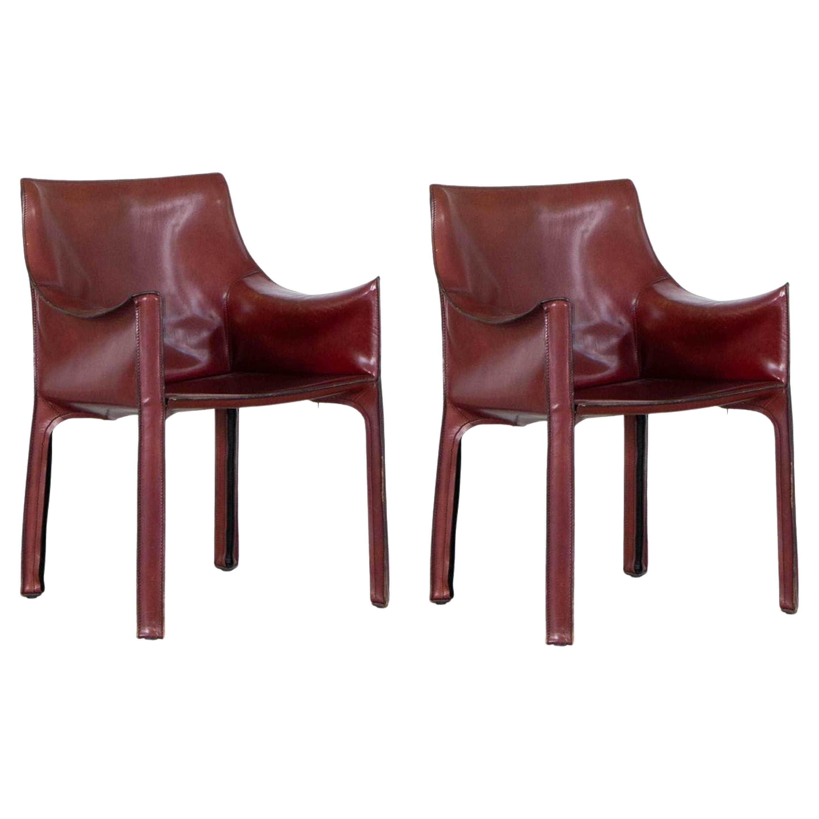 Mario Bellini "CAB 413” Chairs for Cassina, Bordeaux Leather, 1977, Set of 2
