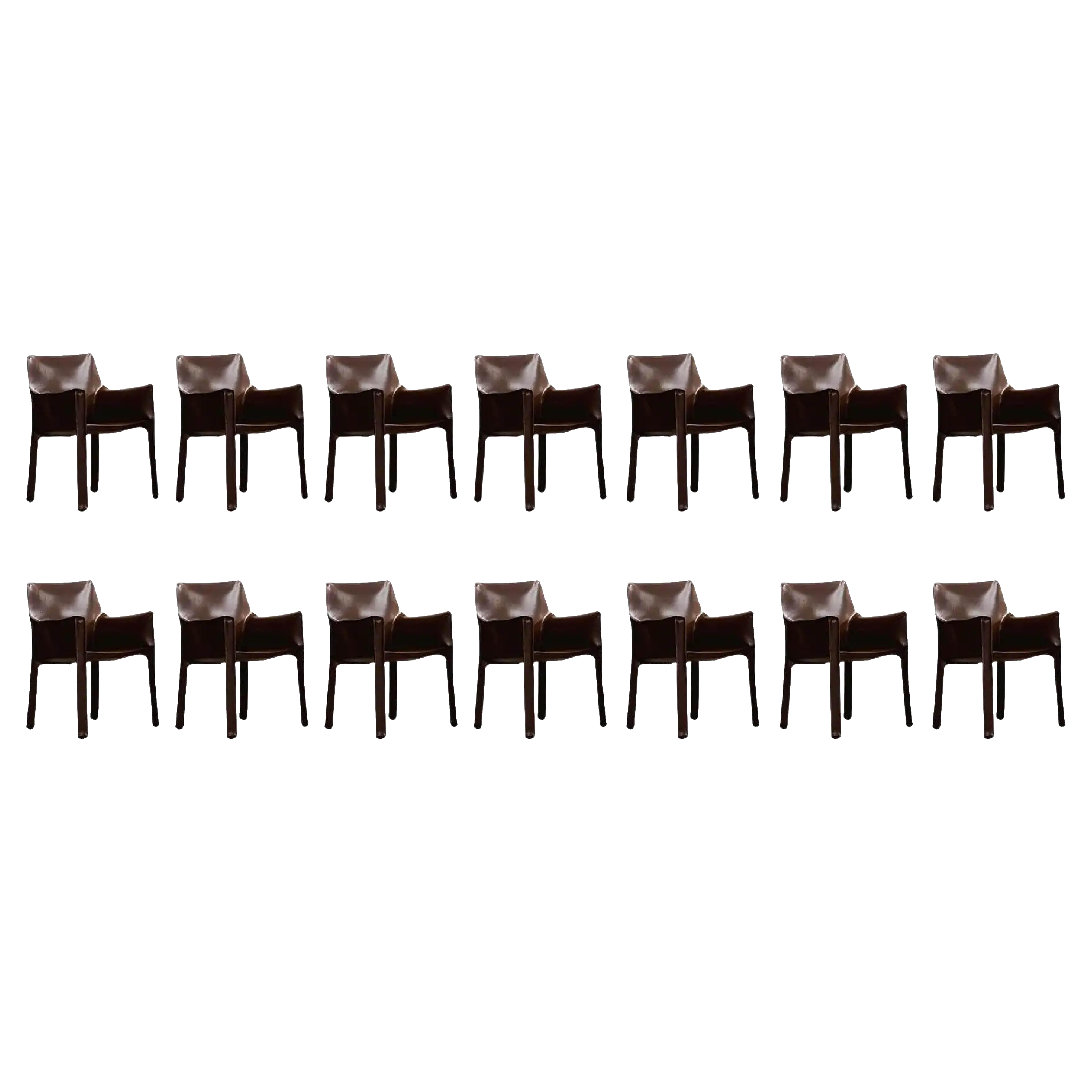 Mario Bellini "CAB 413” Chairs for Cassina, Tobacco Leather, 1977, Set of 14