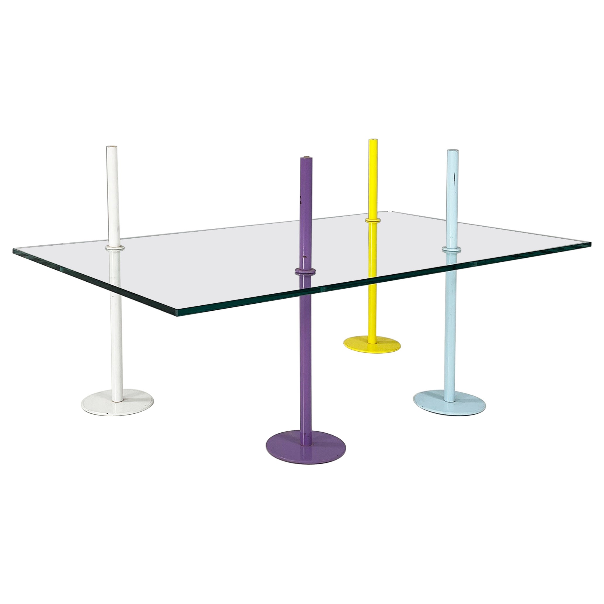 Italian modern Rectangular Coffe table in glass and colored metal rods, 1980s