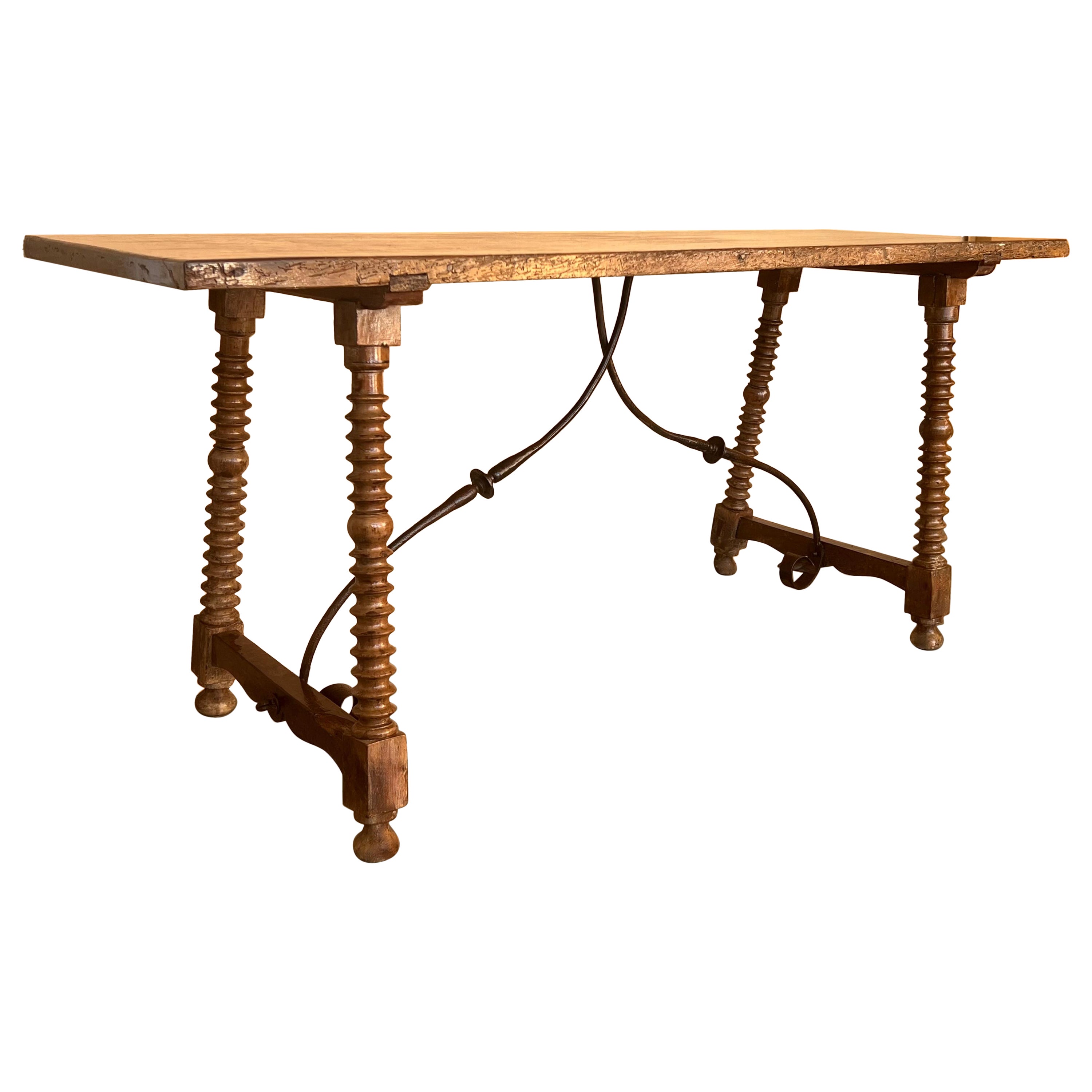 Late 19th Spanish Walnut Dining or Desk Fratino Table with Iron Stretcher For Sale