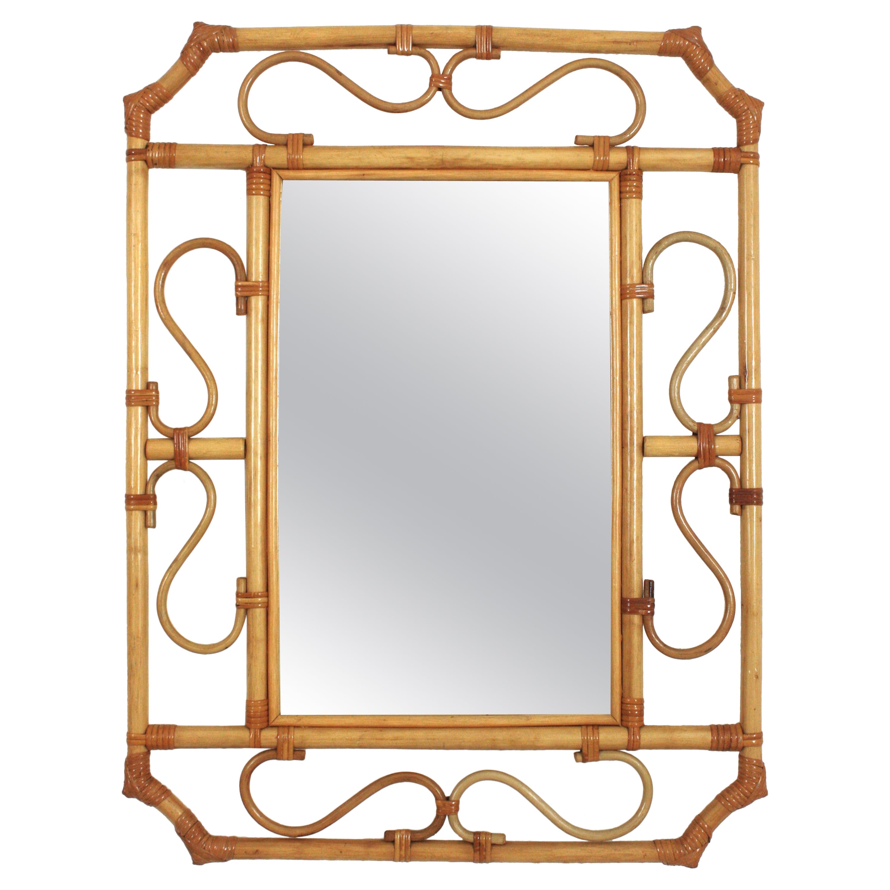 Franco Albini Style Rattan Octagonal Mirror, Italy, 1960s For Sale