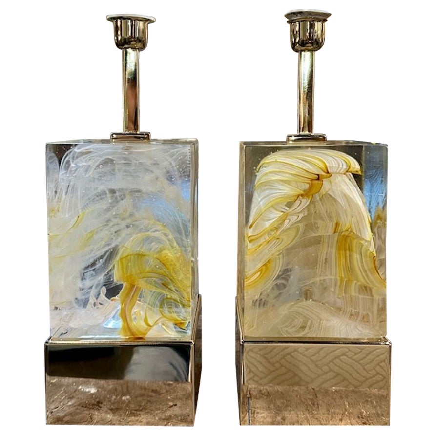 Pair of Murano Yellow Block Lamps For Sale