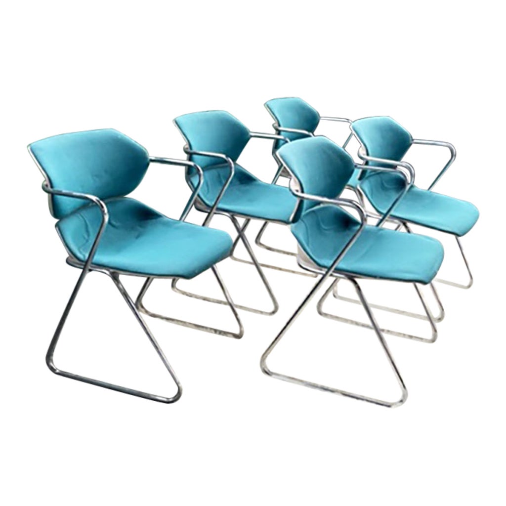Mid Century 70s Iconic "Acton Stacker" Turquoise Textile, Chrome Chairs-Set of 5 For Sale