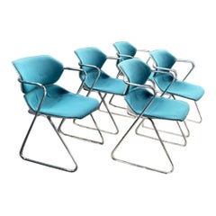 Retro Mid Century 70s Iconic "Acton Stacker" Turquoise Textile, Chrome Chairs-Set of 5