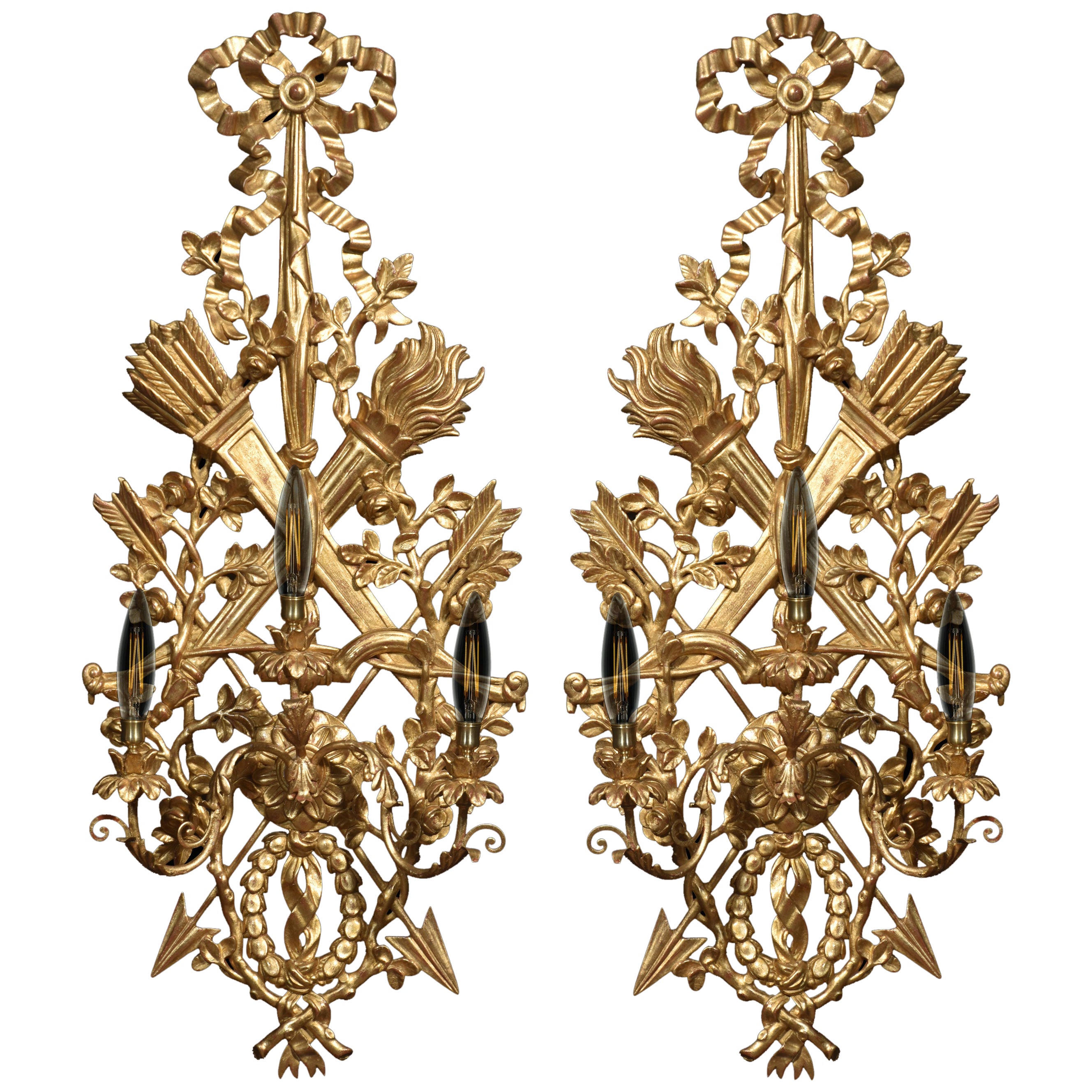 Pair of gilt-wood three light wall appliqués For Sale