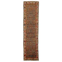 Antique Hamadan Floral Wool Runner Handmade In Brown and Rust 