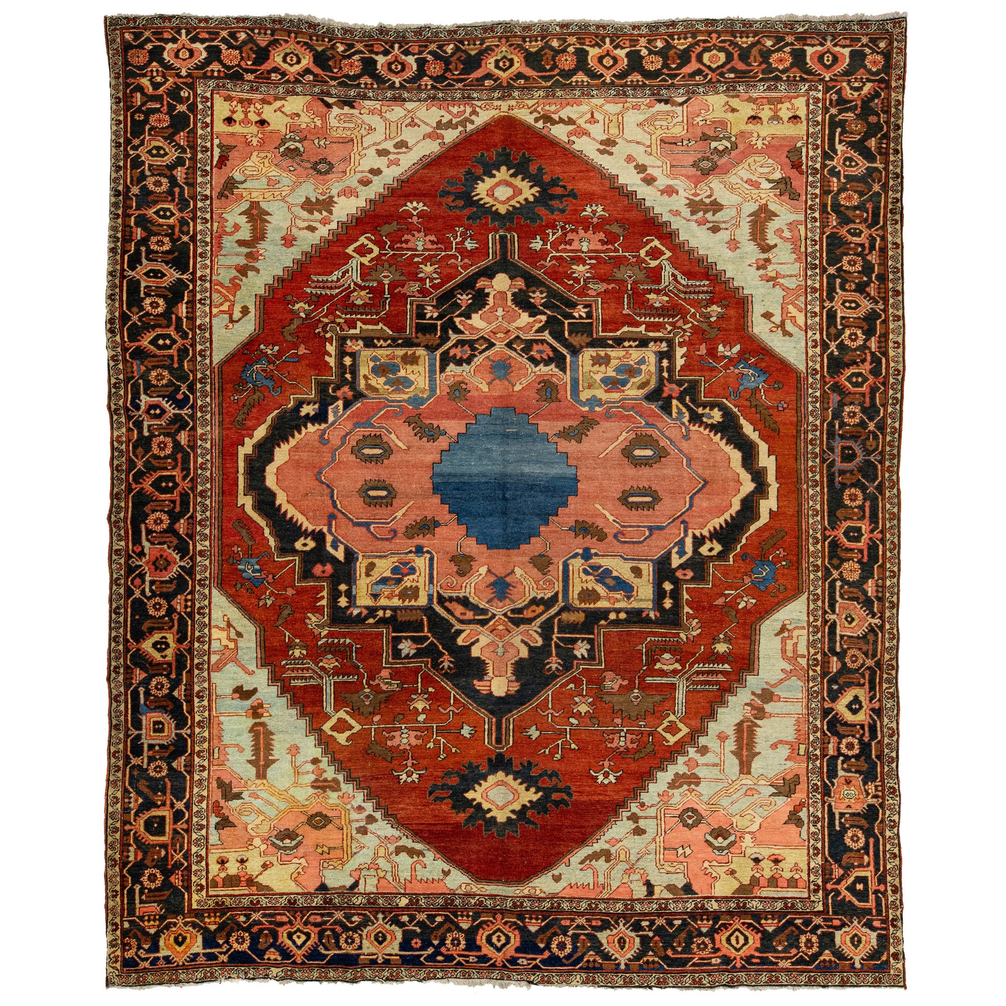 1870s Antique Wool Rug Persian Serapi Featuring a Medallion Motif In Rust Color For Sale