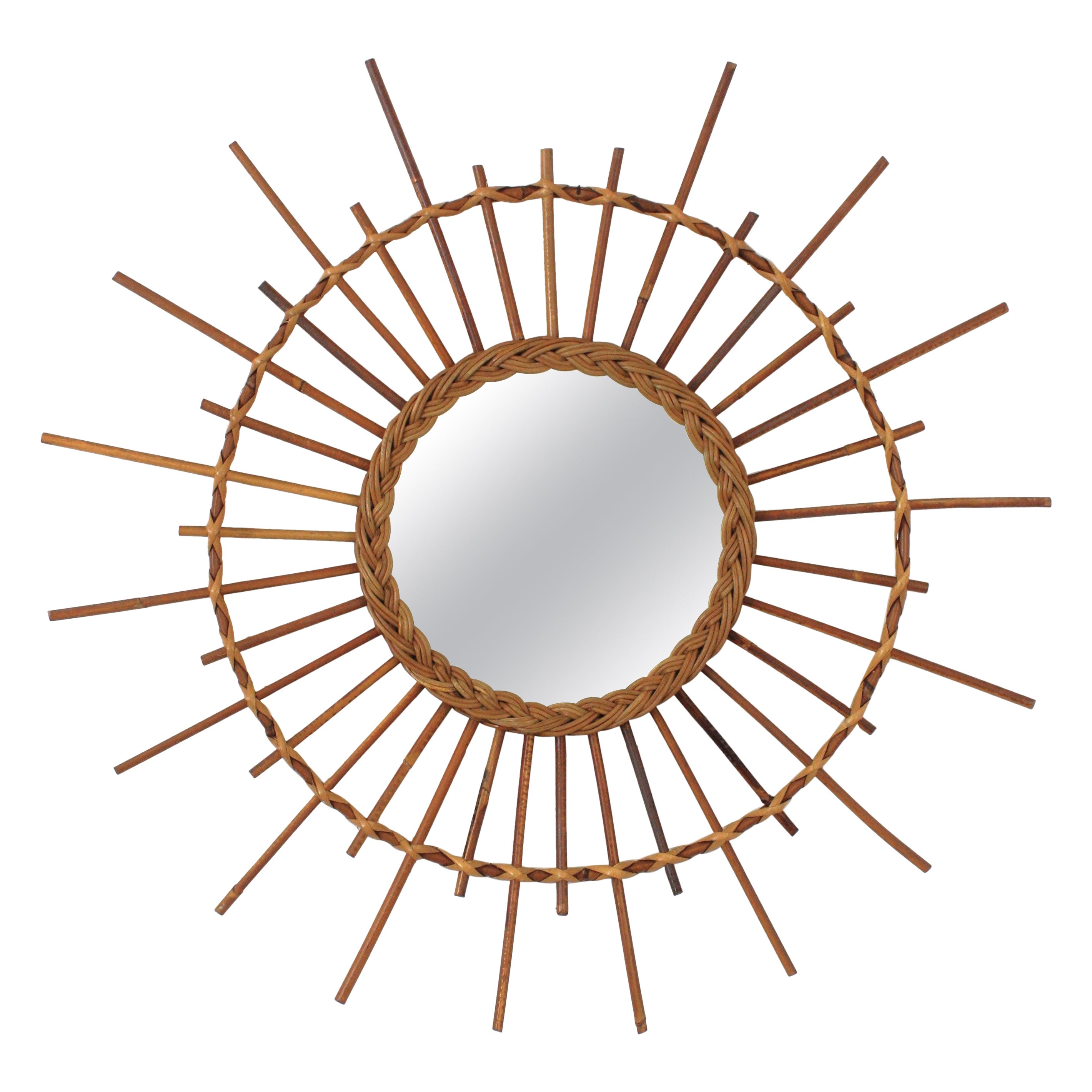 French Riviera Rattan Sunburst Starburst Mirror, 1960s