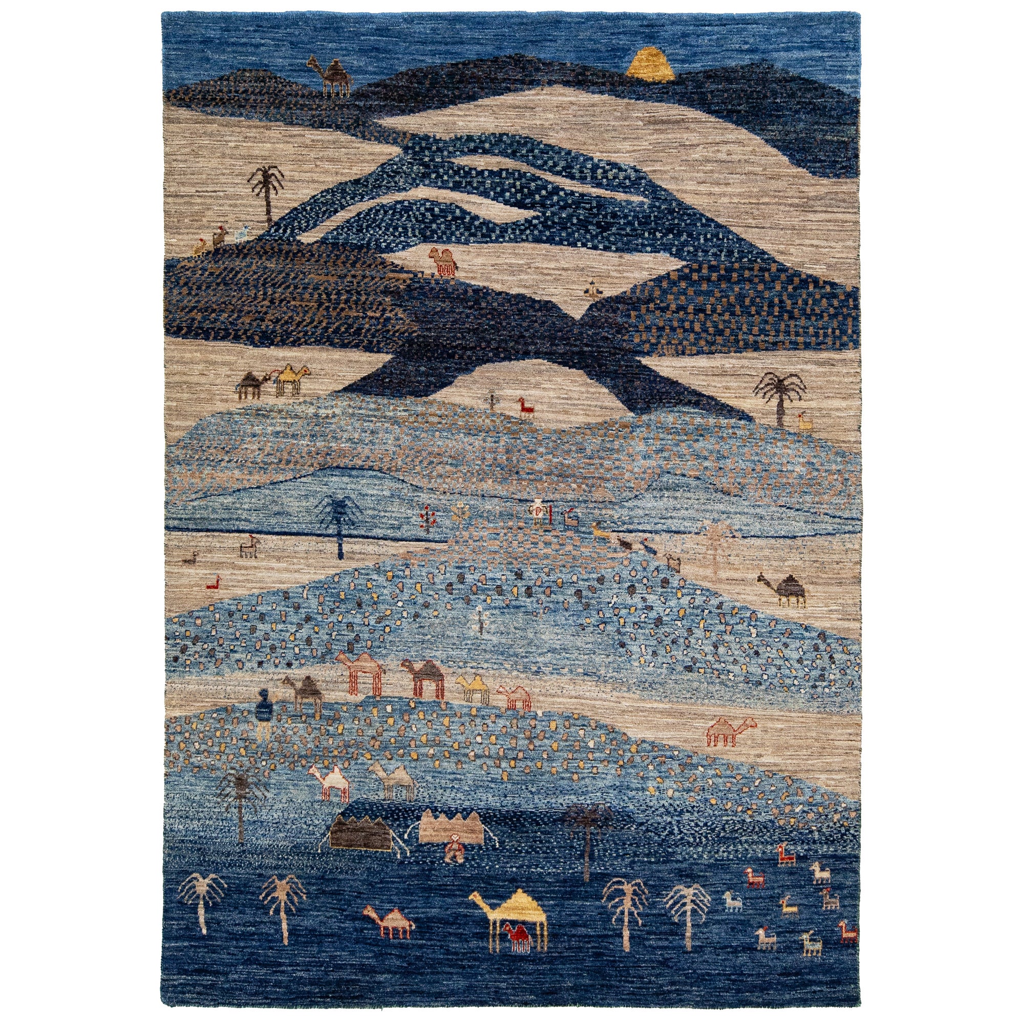 Handmade Modern Gabbeh Style Wool Rug In Blue with Pictorial Motif For Sale
