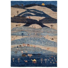 Handgefertigter moderner Wollteppich im Gabbeh-Stil in Blau mit malerischem Motiv